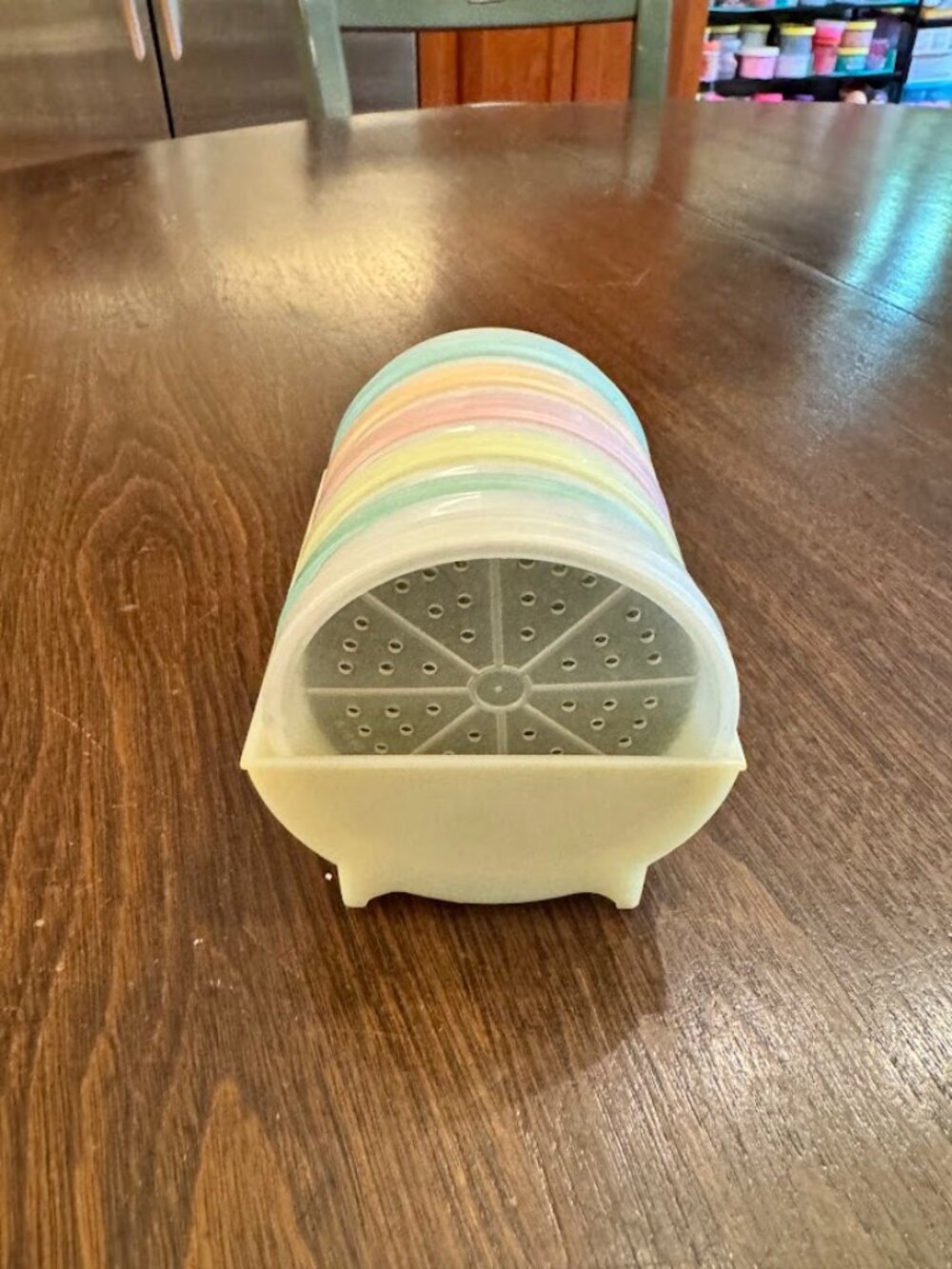 Vintage Tupperware Pastel Wagon Wheel Coasters Set of 6 & Caddy Rack Holder 567